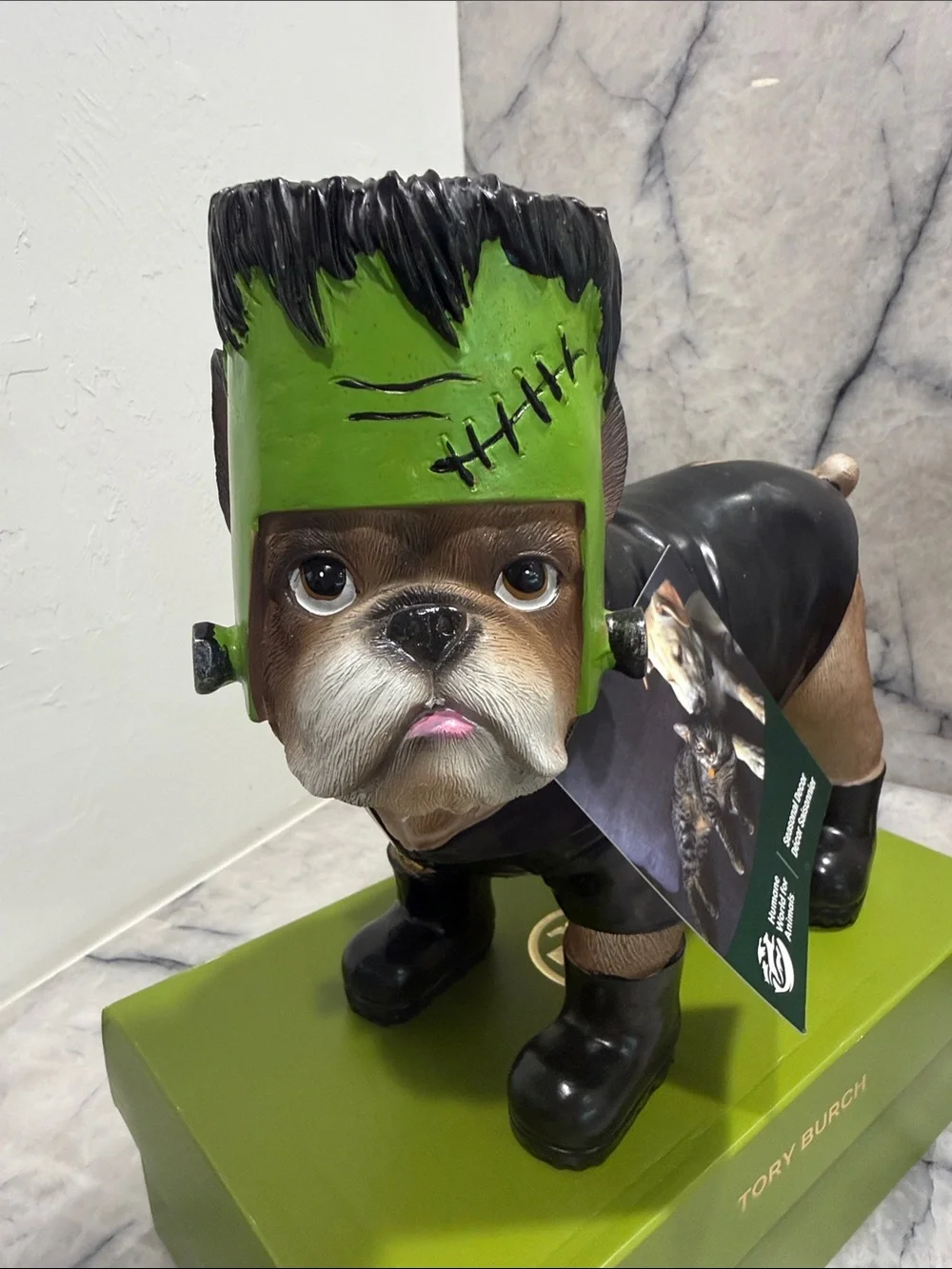 Halloween Bulldog Figurine as Frankenstein 9 1/2 inches tall. NWT